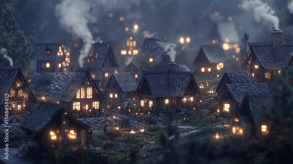 Obraz premium Enchanted Night Village: A Fantasy Village Illuminated