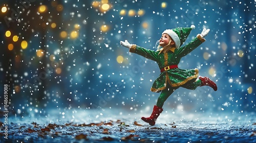 A Joyful Elf Child Dances in Falling Snow