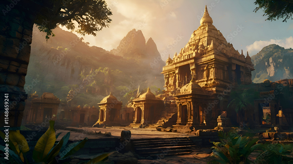 ruins of Opulent ancient Temple of lost Lemuria civilization bathed in golden light. culture concept. Ai generated