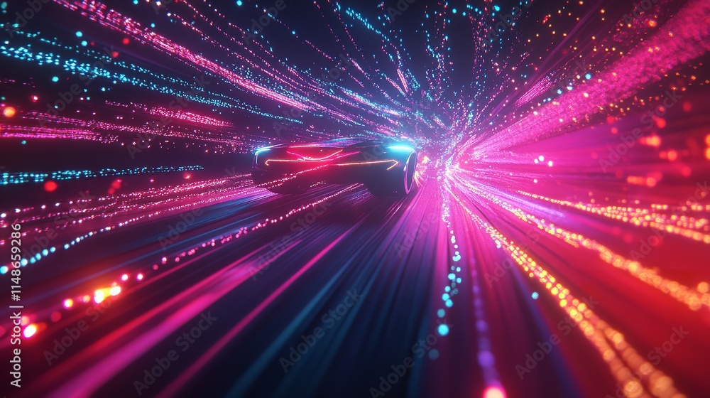 An abstract animation with glowing lines and points as a futuristic sports car races through a network of neon lights and glowing particles. Generative Ai An abstract animation with glowing lines and points as a futuristic sports car races through a network of neon lights and glowing particles. Generative Ai