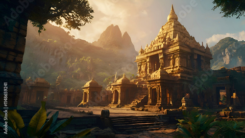 Obraz na płótnie ruins of Opulent ancient Temple of lost Lemuria civilization bathed in golden light. culture concept. Ai generated w salonie