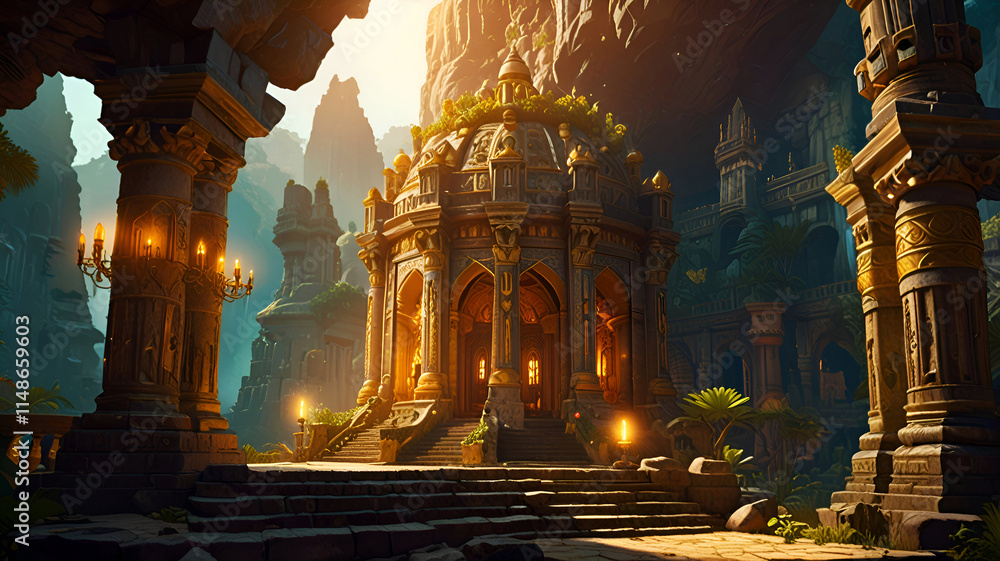 Opulent ancient Temple of lost Lemuria civilization bathed in golden light. culture concept. Ai generated