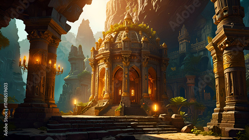 Obraz na płótnie Opulent ancient Temple of lost Lemuria civilization bathed in golden light. culture concept. Ai generated w salonie