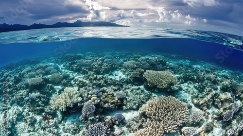 An aerial view of a once majestic coral reef now bleached and lifeless due to the effects of acid rain on the oceans pH levels photo