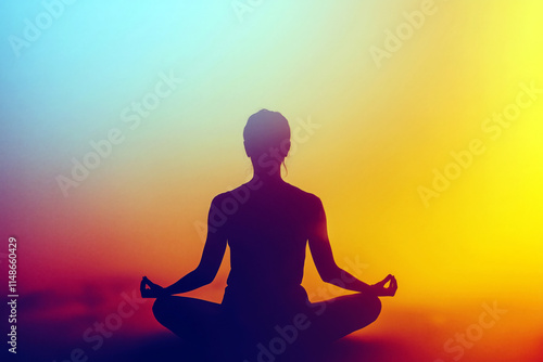 Silhouette of a person meditating with a softly pulsating, colorful aura, clean minimalist composition.