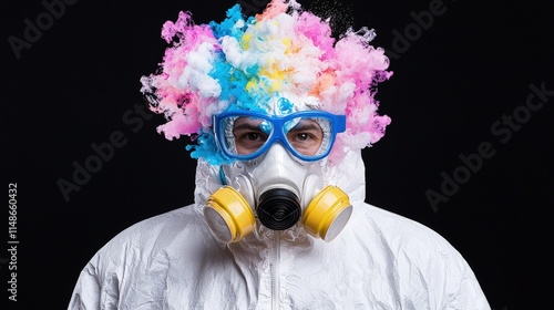 Person in hazmat suit and colorful wig, wearing respirator and glasses. photo