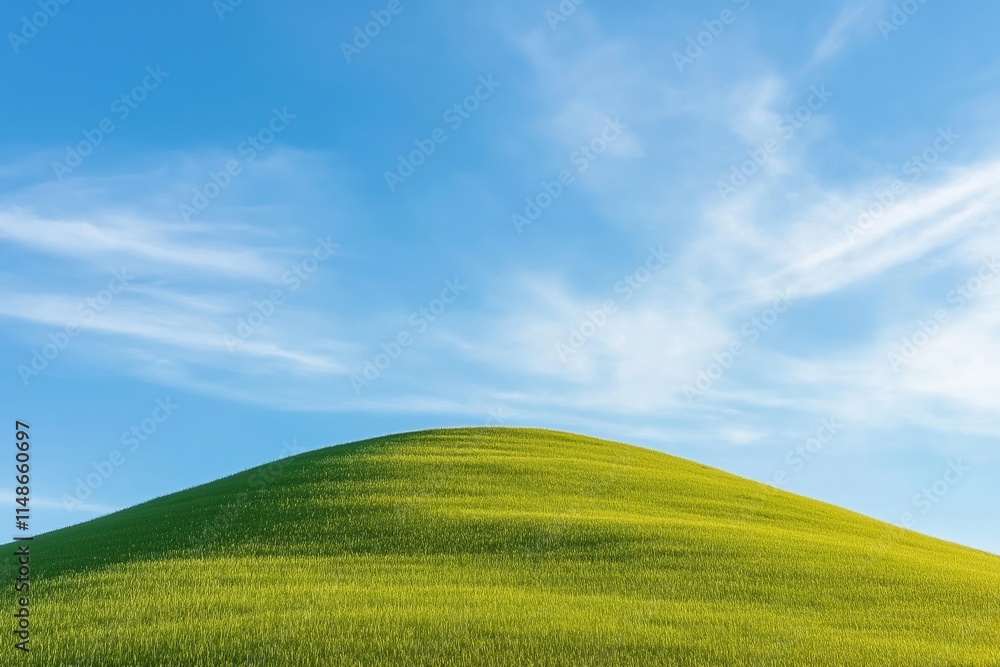 Scenic grassy hillside gently slopes upward under clear bright blue sky with wispy clouds. Green foliage covers landscape. Tranquil rural scene perfect for spring summer. Beautiful nature view. Scenic grassy hillside gently slopes upward under clear bright blue sky with wispy clouds. Green foliage covers landscape. Tranquil rural scene perfect for spring summer. Beautiful nature view.