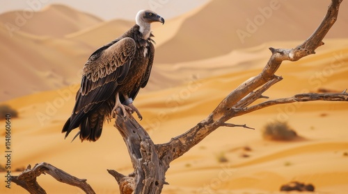 Majestic vulture perched on a dry branch amidst golden desert dunes during sunset