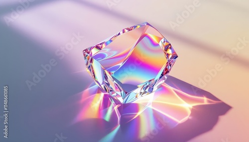 Irridescent Crystal Prism Reflecting Rainbow Hues on Pastel Surface: A Stunning Display of Light and Color