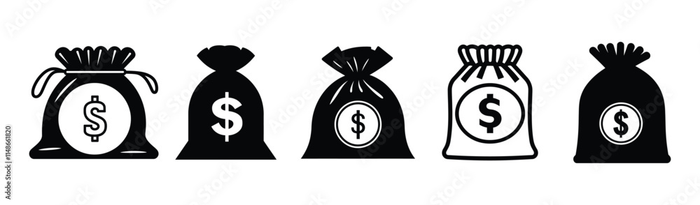 Set of money bag with a dollar sign icon, silhouette, outline, vector, illustration isolated on a white background Set of money bag with a dollar sign icon, silhouette, outline, vector, illustration isolated on a white background