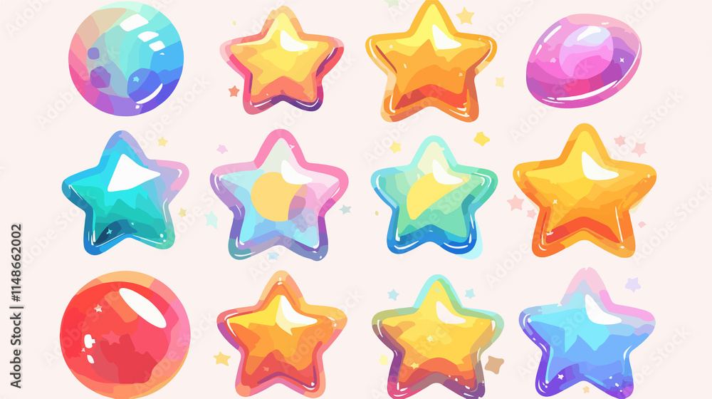 Colorful Cartoon Stars and Shiny Buttons Set Colorful Cartoon Stars and Shiny Buttons Set