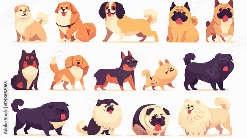 Adorable Cartoon Dogs of Various Breeds, Including Chow Chow, Dac. Cute Puppy Pet Illustration for Print and Digital Media
