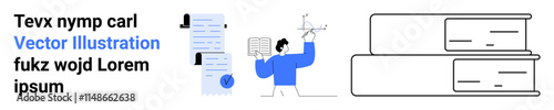 Blue-highlighted researcher holding papers and magnifying glass with documents, a list, black-and-white stack of books. Ideal for educational content, resource management, academic research