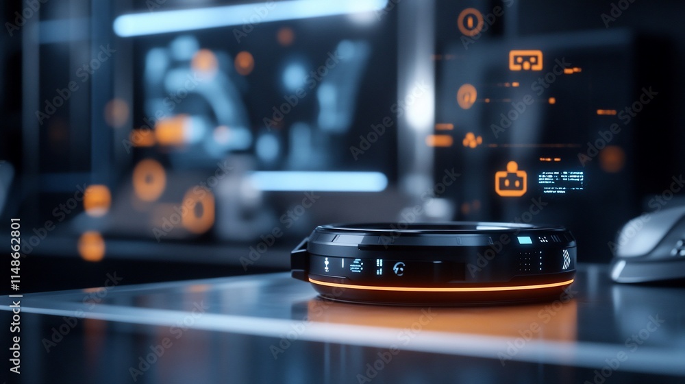 A sleek robotic device on a modern desk, displaying digital interfaces. A sleek robotic device on a modern desk, displaying digital interfaces.