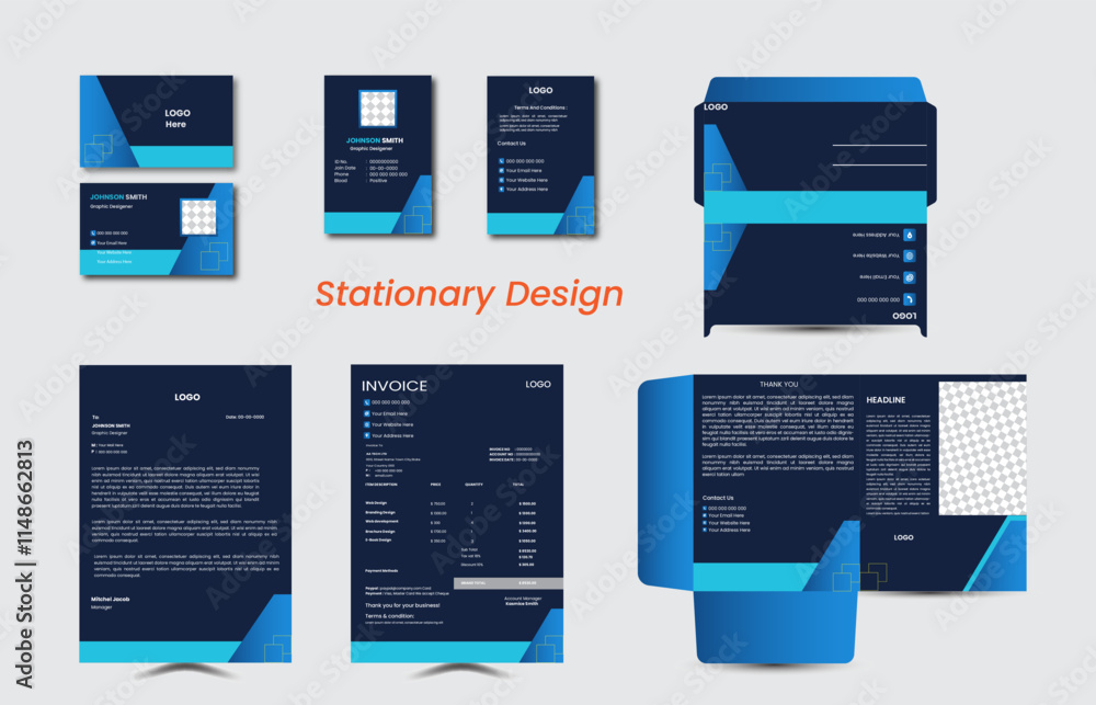 Corporate stationary templates design set ( Letterhead, Business card, Invoice, Envelope design, File Folder, ID Card ) Corporate stationary templates design set ( Letterhead, Business card, Invoice, Envelope design, File Folder, ID Card )