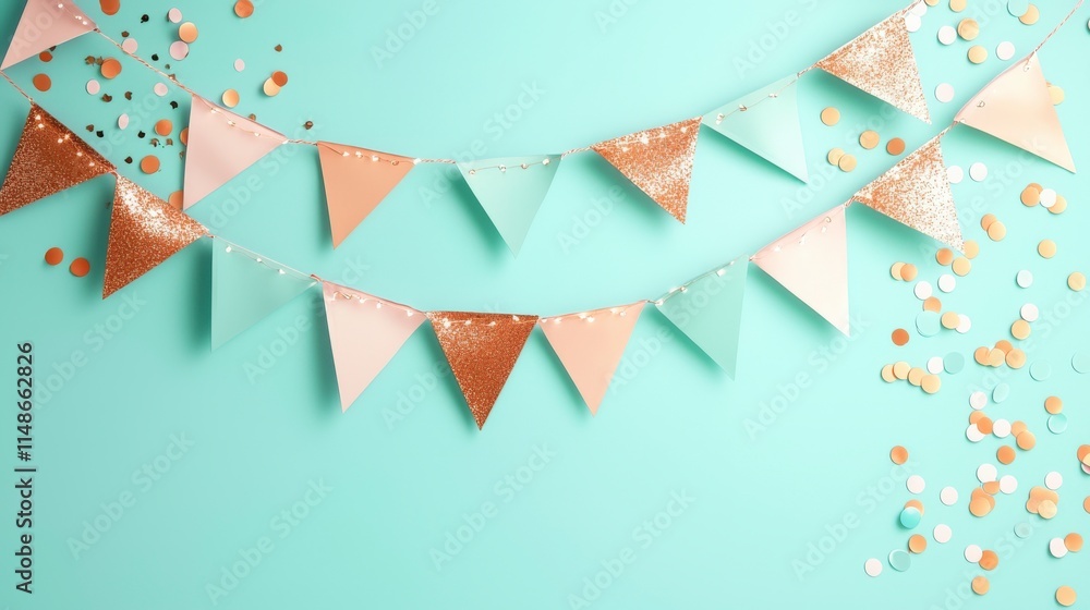 Celebrate with this vibrant decoration featuring a mint green background, sparkling confetti, and a stylish banner with gold accents, perfect for parties. Celebrate with this vibrant decoration featuring a mint green background, sparkling confetti, and a stylish banner with gold accents, perfect for parties.