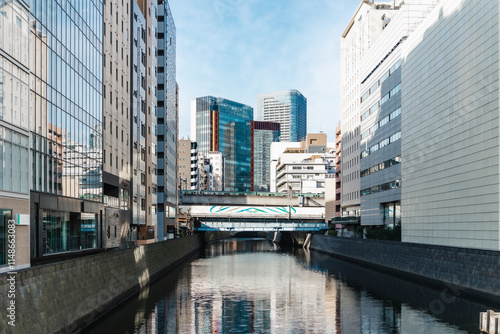 Photography Modern metro city building around clean canal river, Environment eco friendly urban in Japan