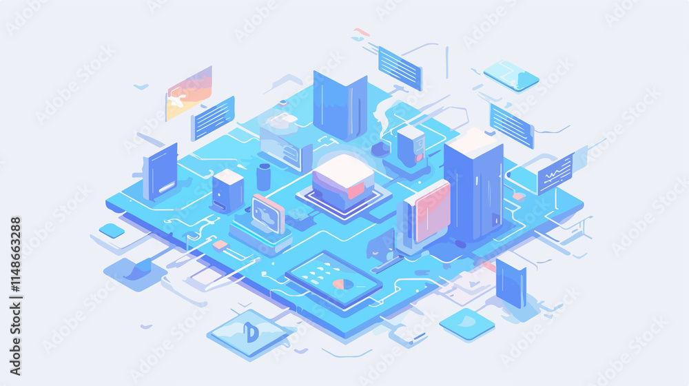 Professional Data Network Management Isometric Map with Business Network Professional Data Network Management Isometric Map with Business Network