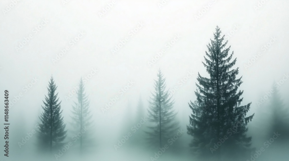 Obraz premium Dense fog envelops towering trees, creating an ethereal atmosphere of solitude and mystery