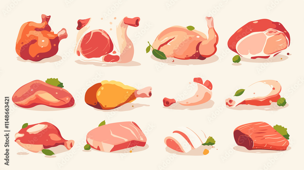 Naklejka premium Detailed Chicken Cuts Illustration on White Background for Culinary Designs