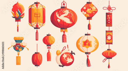 Chinese New Year Vector Icons Set with Paper Lantern