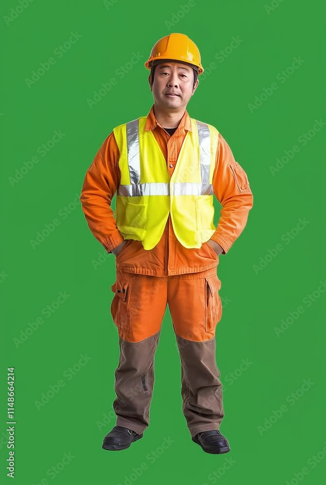 A man in a project supervisor's professional attire, standing, against a green background. A man in a project supervisor's professional attire, standing, against a green background.