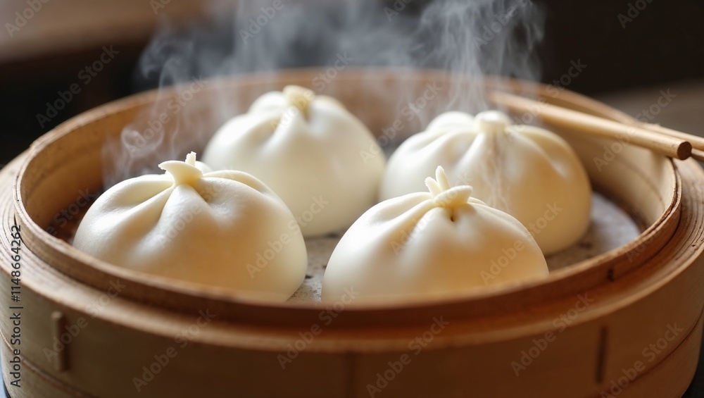 Bamboo steamer Basket with airy bao buns and rising steam,
Bamboo steamer Basket with airy bao buns and rising steam,