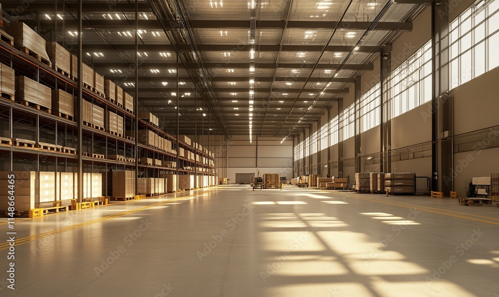A spacious warehouse interior with shelves and natural light. A spacious warehouse interior with shelves and natural light.