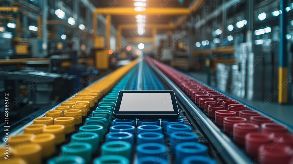 Fototapeta premium Industrial Production Line with Tablet Display