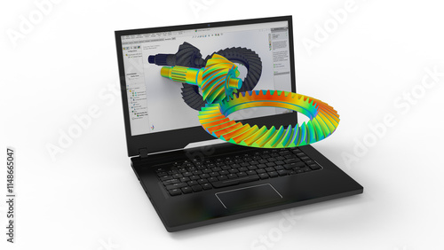 3D rendering - FEA helical gear assembly over a laptop