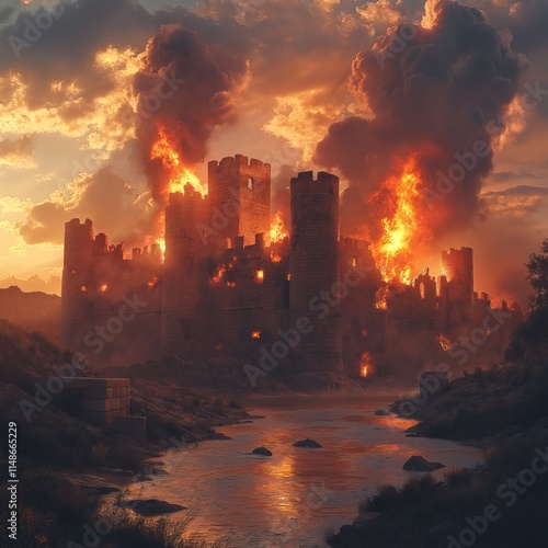 Fiery sunset over ancient fortress. Dramatic destruction engulfs stone citadel. Blazing flames consume battlements. River reflects fiery sky. Epic historical conflict. Ruins testify to ancient war. photo