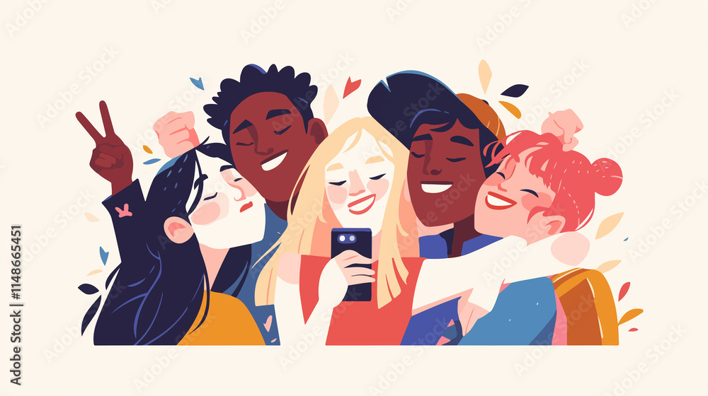 Group of Friends Taking Selfie with Camera - Diverse Men Women Enjoying Fun Moment Together Group of Friends Taking Selfie with Camera - Diverse Men Women Enjoying Fun Moment Together