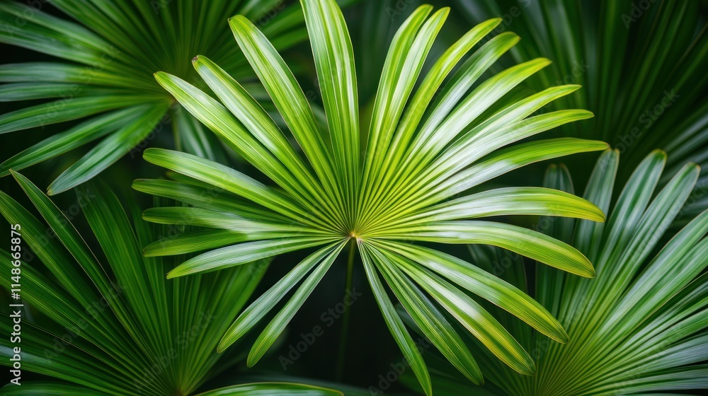Close-up of vibrant green palm leaves. Close-up of vibrant green palm leaves.