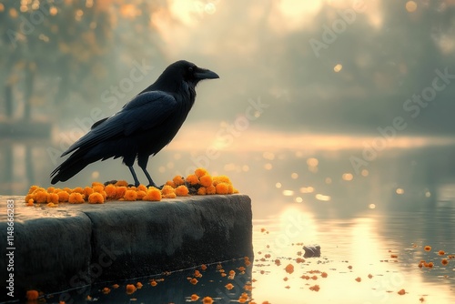 Black crow eats yellow flowers near river. Religious ritual for ancestors. Indian tradition. Spiritual devotion. Morning light. Cultural observance. Ancient belief. Pitru Paksha festival. Sacred photo