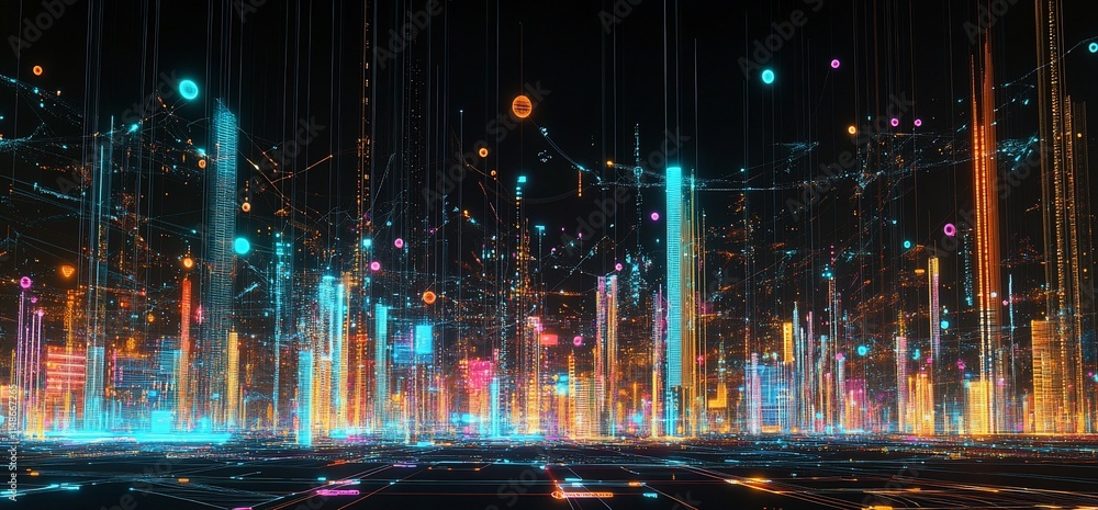 A vibrant digital landscape depicting futuristic data visualization. A vibrant digital landscape depicting futuristic data visualization.