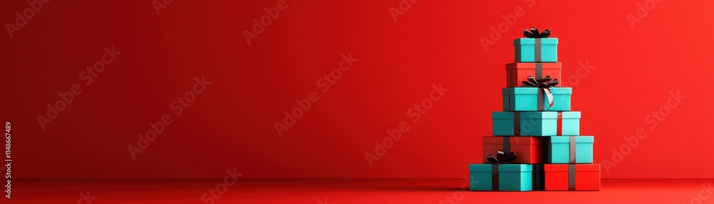 Fototapeta premium A vibrant stack of teal and black gift boxes arranged against a bold red background, perfect for festive occasions or celebrations.