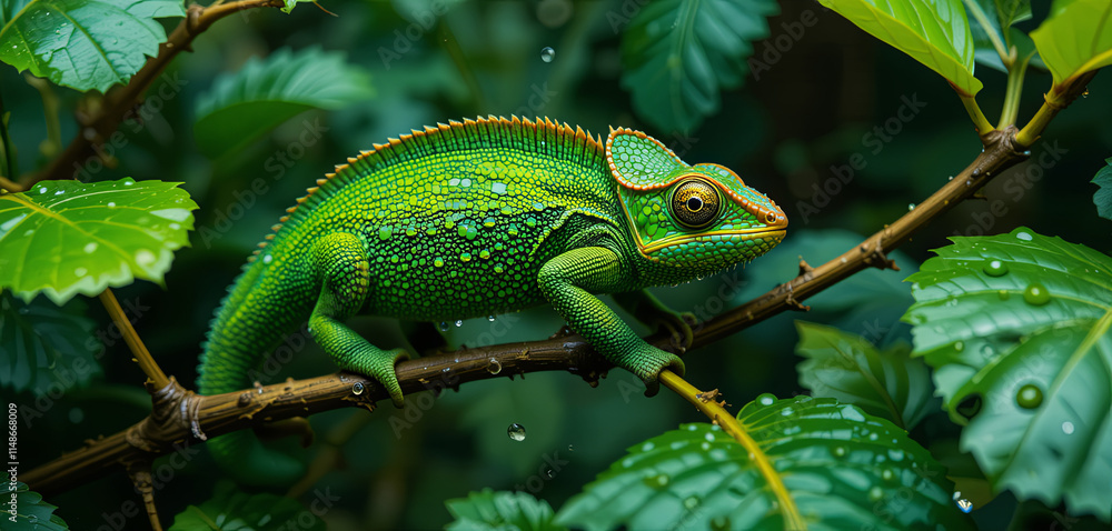 A bright green chameleon is perched on a branch, blending into the vibrant foliage. Raindrops glisten on the leaves, adding a fresh feel to the damp environment A bright green chameleon is perched on a branch, blending into the vibrant foliage. Raindrops glisten on the leaves, adding a fresh feel to the damp environment