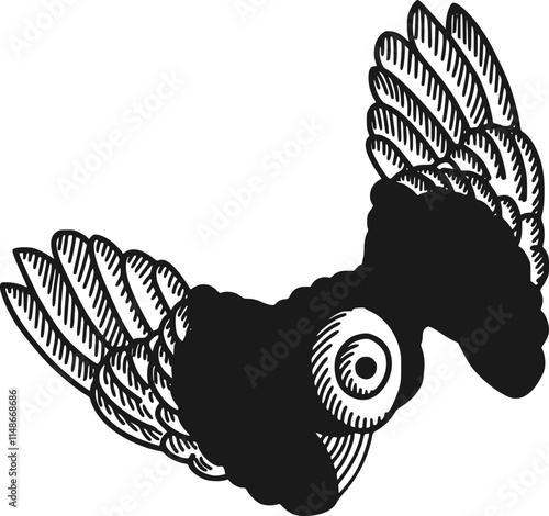 A dark, gothic-inspired illustration of a winged eye. This surreal, monochromatic image conveys a sense of mystery and intrigue