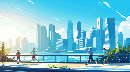 Men Jogging at Morning Sunrise in Singapore