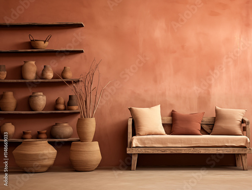 Japandi and wabi sabi style living room with teracotta stucco textured distressed walls and rustic statement pottery