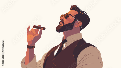Flat Vector Style of Man Smoking Cigar Isolated on White Background