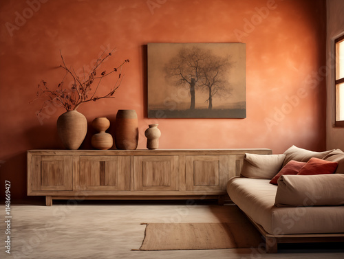 Japandi and wabi sabi style living room with teracotta stucco textured distressed walls and rustic statement pottery