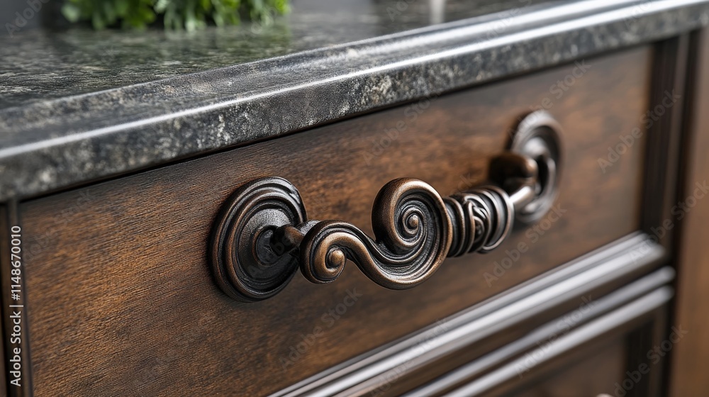 Intricate scrollwork of a Mocha Mousse wrought iron desk drawer handle Intricate scrollwork of a Mocha Mousse wrought iron desk drawer handle