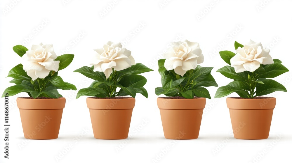 Group of Four Elegant White Gardenia Plants in Decorative Terracotta Pots Brightly Displayed Against a Clean White Background for Home or Office Decor Group of Four Elegant White Gardenia Plants in Decorative Terracotta Pots Brightly Displayed Against a Clean White Background for Home or Office Decor