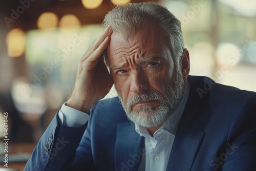 Mature businessman with gray beard showing signs of stress and worry, deep in thought in a modern office setting with warm lighting and blurred background photo