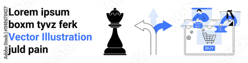Text Lorem ipsum, black chess piece, arrows indicating different directions, online shopping cart with individuals. Ideal for decision making, strategy, e-commerce, digital marketing, choice mapping