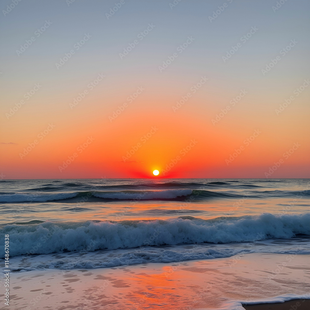 Fototapeta premium Sunset over an sea with waves breaking on the beach