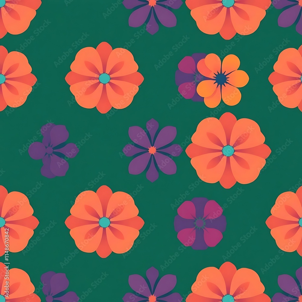 Fototapeta premium Seamless Retro Floral Pattern: Vibrant orange and purple flowers bloom on a rich green background, creating a retro-inspired pattern perfect for textiles, wallpaper, or digital designs.