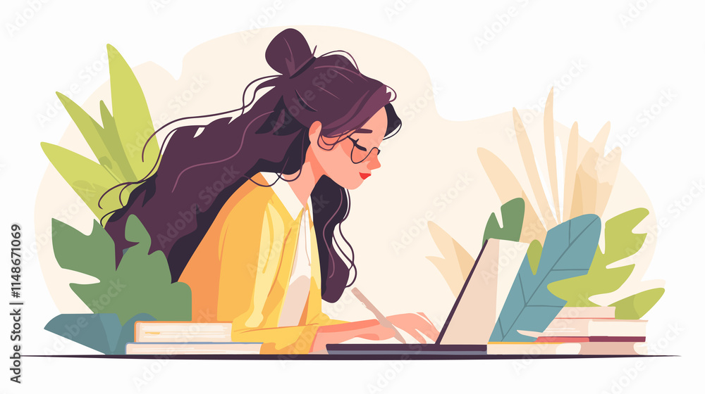Student studying with laptop at table. Young woman using laptop for online learning and education Student studying with laptop at table. Young woman using laptop for online learning and education