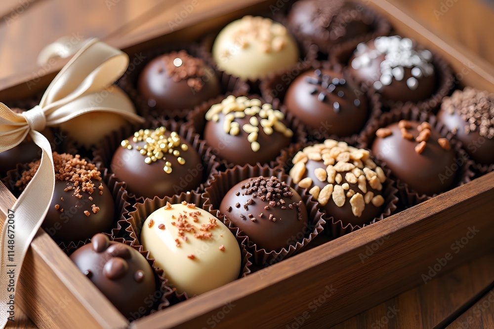 Assorted chocolate truffles in wooden gift box with ribbon Assorted chocolate truffles in wooden gift box with ribbon